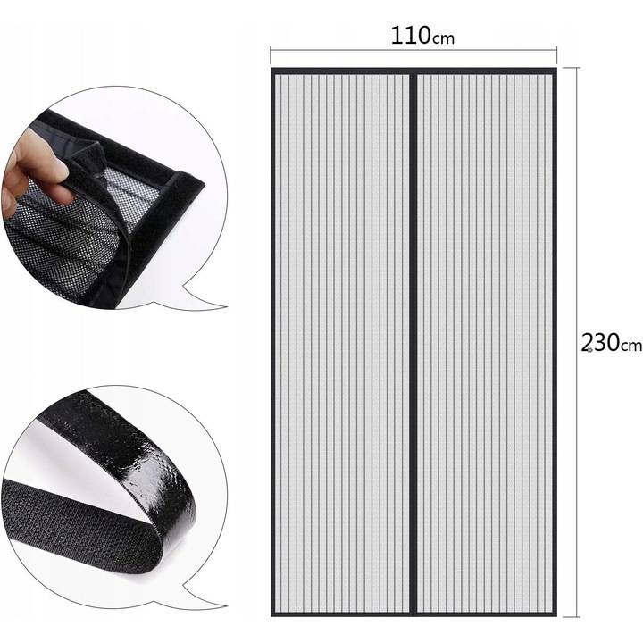 Plasa magnetica pentru usi, 230x110 cm, autoadeziva, neagra, montaj fara gaurire, set complet