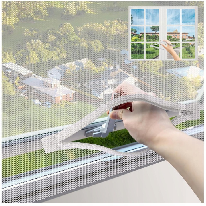 Moskitiera pentru fereastra, 150x180cm, autoadeziva, cu fermoar, alb, set complet