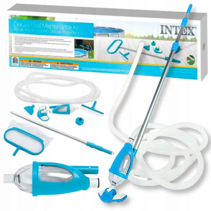 Set de curatare pentru piscina Intex, aspirator, plasa, perie, tija telescopica 239cm, furtun 7,5m, compatibil cu pompe de 3028 l/h