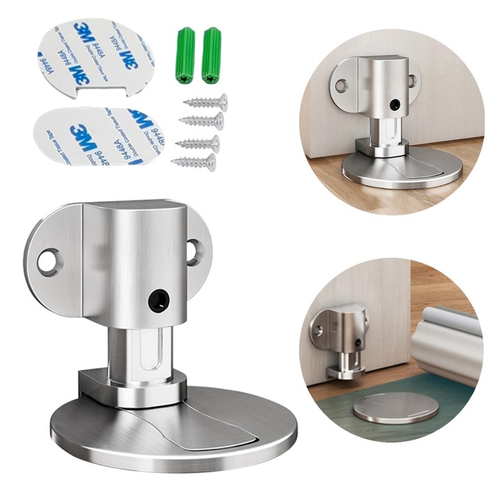 Odbojnik metalic pentru usi, 3,7-5,4 cm, set cu magneti, inoxidabil, argintiu