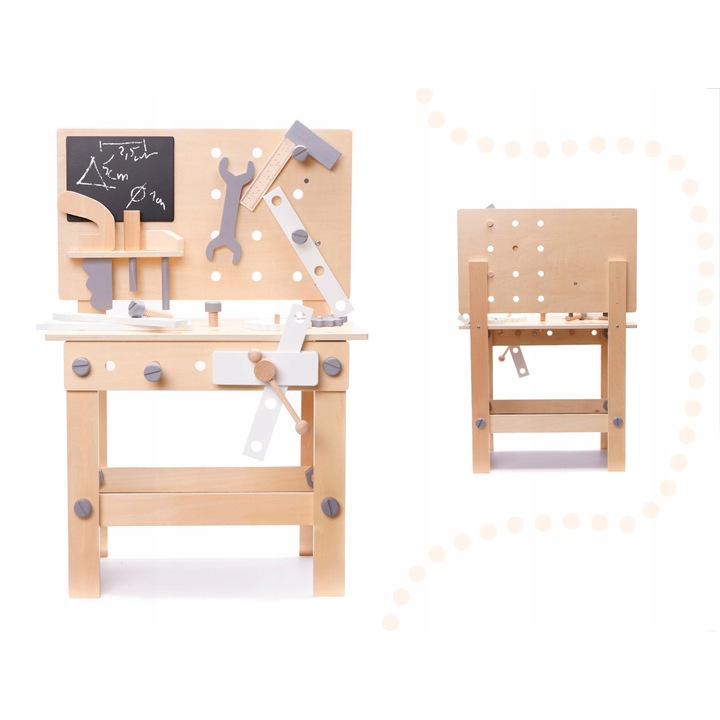 Set atelier de lucru din lemn pentru copii, 45x26x68cm, cu unelte, imadlo, ciocan, multicolor