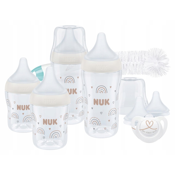 Set NUK Perfect Match, 4 biberoane anticolici, suzete, perie, fara BPA, 9 piese