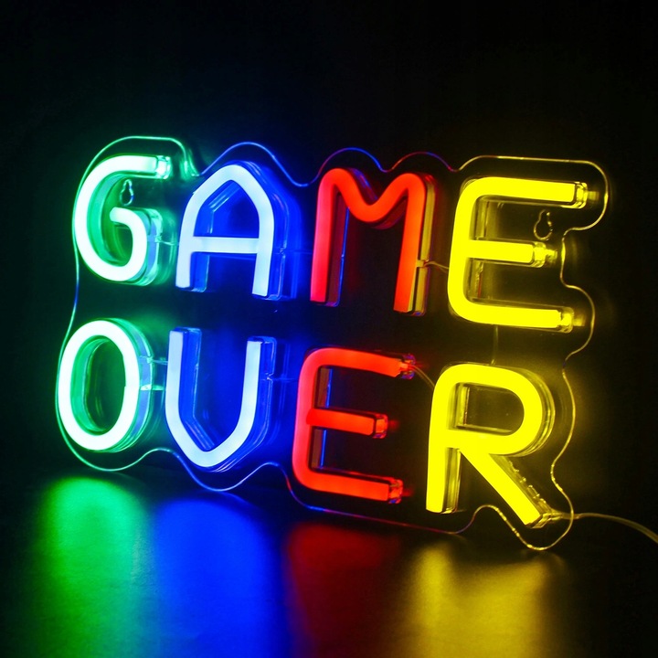 Lampa neon LED GAME OVER, decorativa pentru camera, 32x18cm, USB, set cu cablu de alimentare
