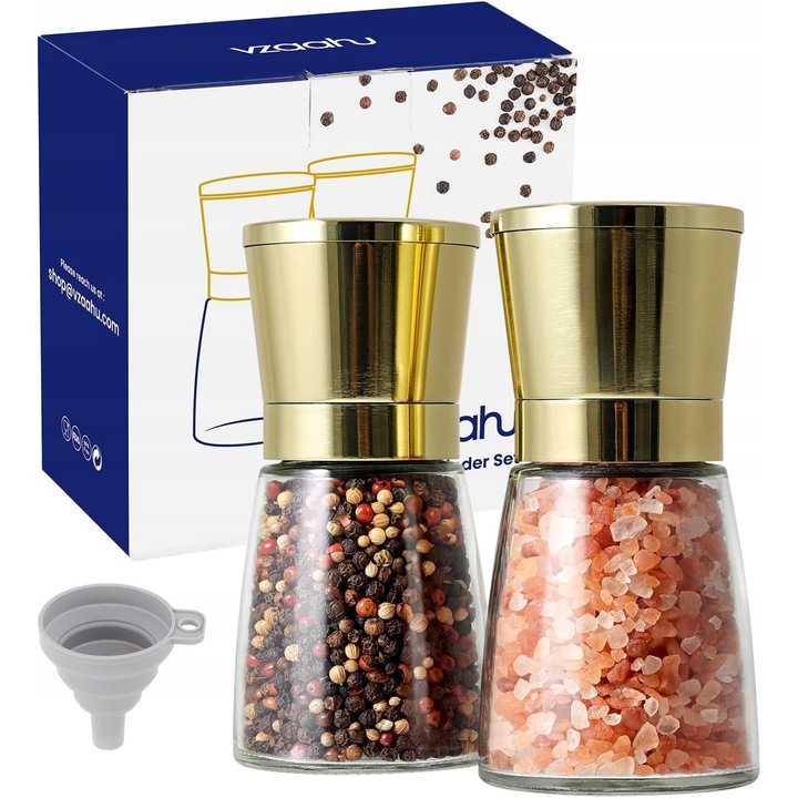 Rasnite si dozatoare condimente, set 2 buc, ceramice, reglabile, aurii