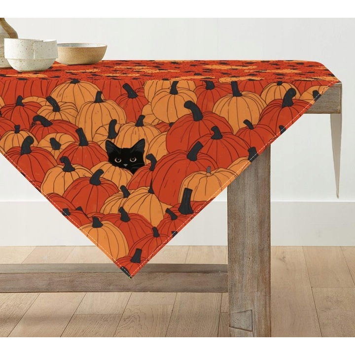 Fata de masa, Artoid Mode, 85x85cm, portocaliu, design cu pisici negre si dovleci
