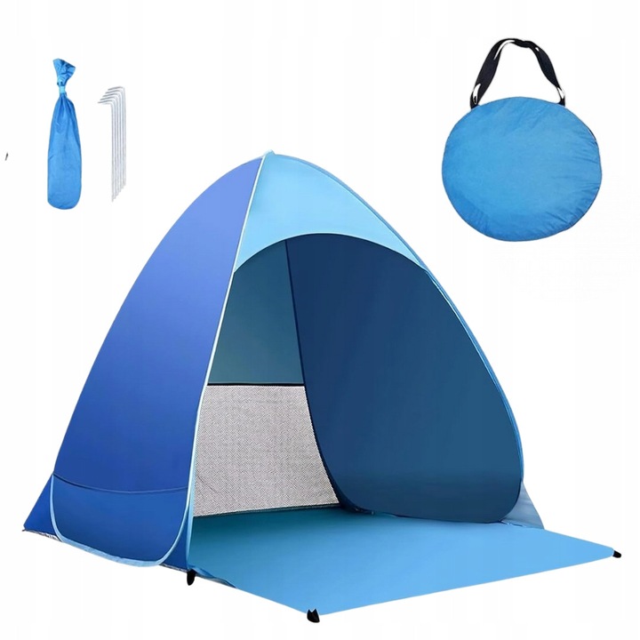 Cort camping Pop-up, 110x165x150cm, pentru 2 persoane, protectie UV, albastru-verde, set complet
