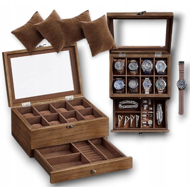 Cutie pentru ceasuri si bijuterii, 8 compartimente, Songmics, 19x27x12,5cm, culoare nuc, din lemn si catifea