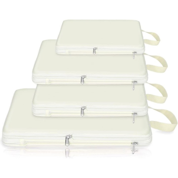 Set 4 Torbe Compresive pentru Bagaj, Bej, 1x XL 45x35cm, 1x L 35x33cm, 1x M 35x25cm, 1x S 28x17cm