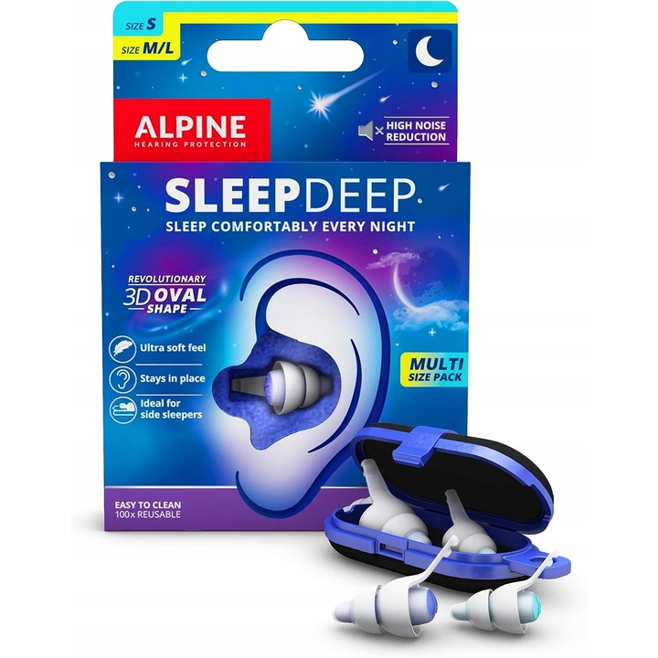 Casti de protectie Alpine SleepDeep, set, material ultra moale, reducere zgomot 27dB, alb, S/M + L