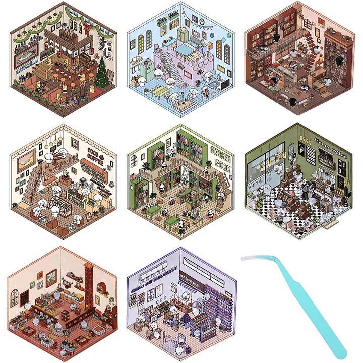 Комплект от 8x 3D DIY стикера, мини изометрични сцени, 20x15 см, многоцветни