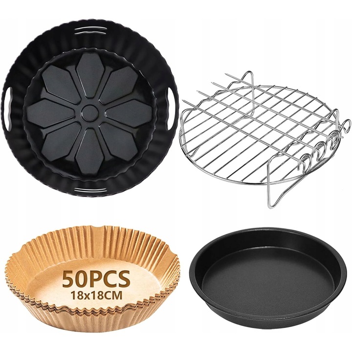 Set accesorii pentru friteuza, 22 cm, forma din silicon, tava pentru pizza, suport din otel inoxidabil, 50 de hartii de copt, multicolor