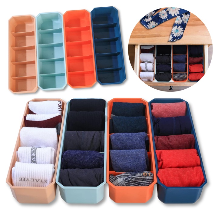 Rendszerező szett fehérneműhöz és zoknihoz, 4 doboz, 20 rekesz, többszínű, kompakt méretek