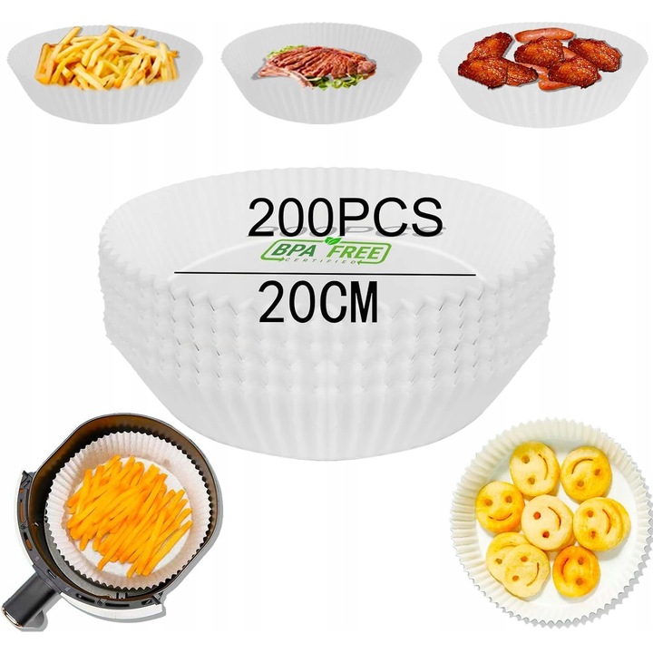 Set 200 bucati hartie de copt pentru friteuza cu aer, 20cm, rezistenta la temperaturi de pana la 220C, margini ridicate 4,5cm