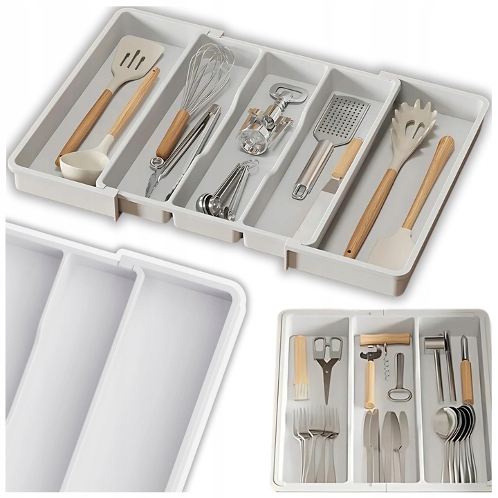 Organizer extensibil pentru tacamuri, 3 compartimente, 2 fante, 33x57cm, material PP, pentru bucatarie