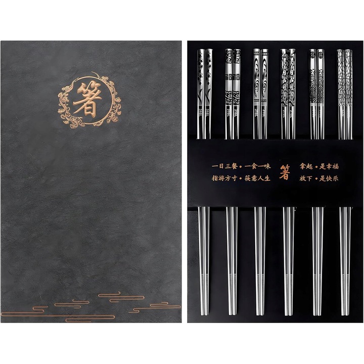 Rozsdamentes acél fém pálcika szett sushihoz, 6 pár, elegáns design, magas hőmérsékletnek ellenálló