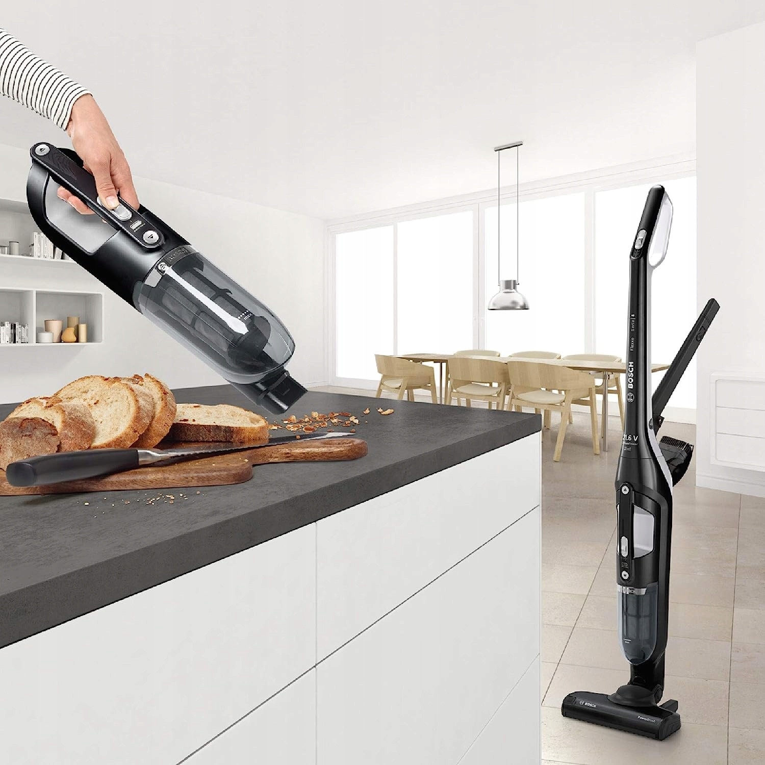 Aspirator vertical fără fir 2 în 1, Bosch, perie electrică, 50 min autonomie, negru, 1150x265x180 mm