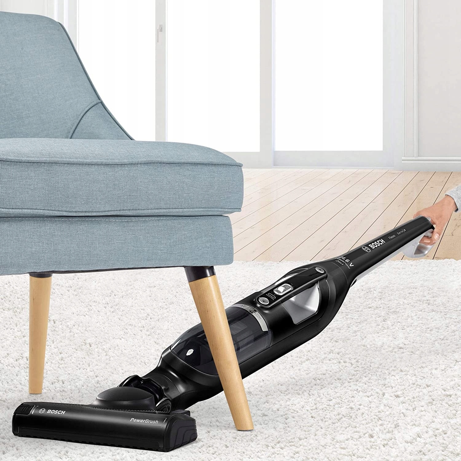 Aspirator vertical fără fir 2 în 1, Bosch, perie electrică, 50 min autonomie, negru, 1150x265x180 mm