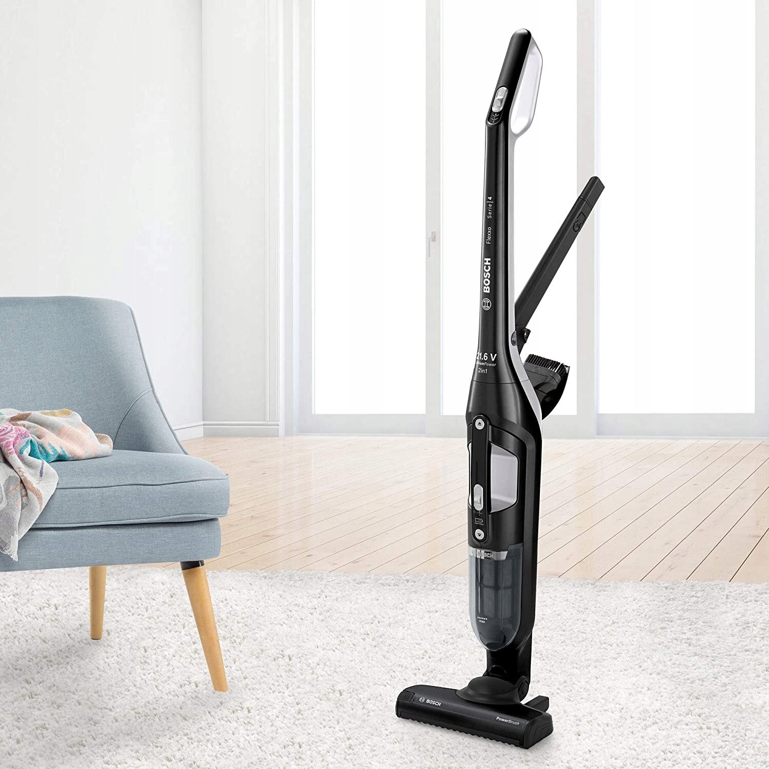 Aspirator vertical fără fir 2 în 1, Bosch, perie electrică, 50 min autonomie, negru, 1150x265x180 mm