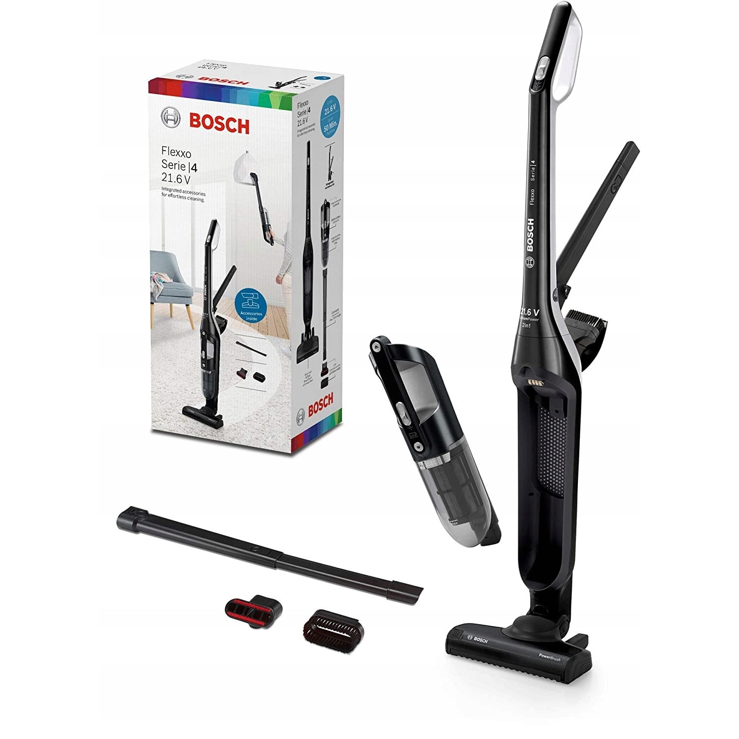 Aspirator vertical fără fir 2 în 1, Bosch, perie electrică, 50 min autonomie, negru, 1150x265x180 mm