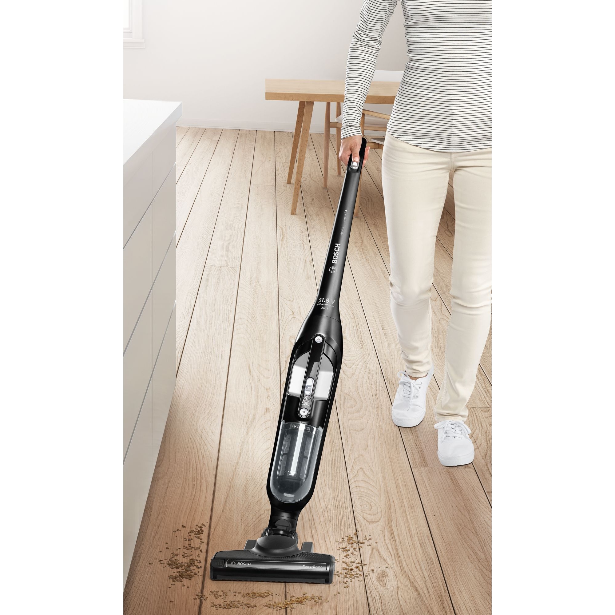 Aspirator vertical fără fir 2 în 1, Bosch, perie electrică, 50 min autonomie, negru, 1150x265x180 mm