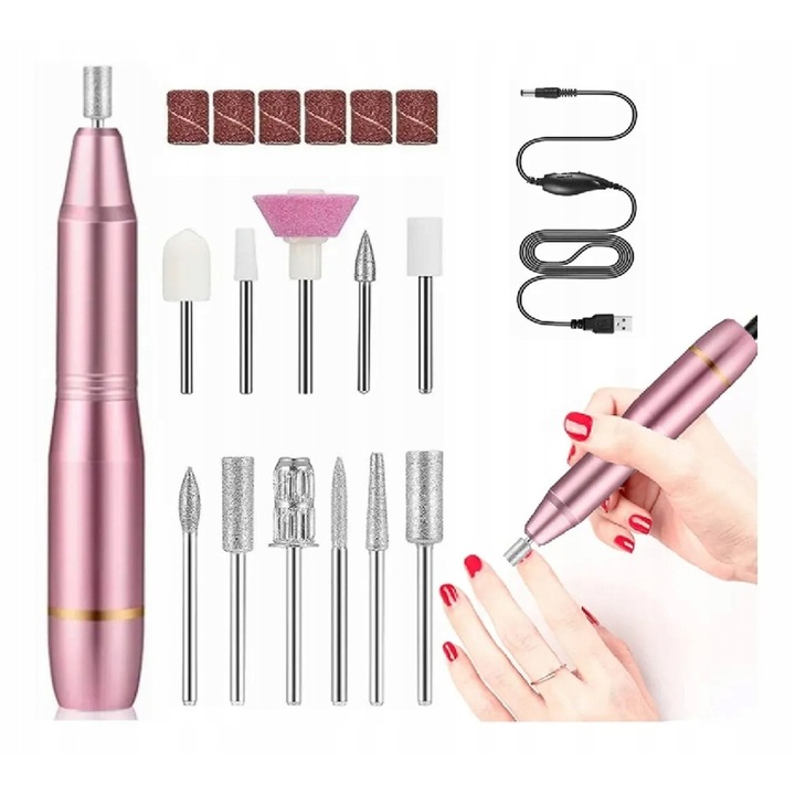 Set aparat electric pentru manichiura si pedichiura, 35W, 0-30000 rpm, 6 burghie, 5 capete de slefuire, 6 benzi abrazive, USB
