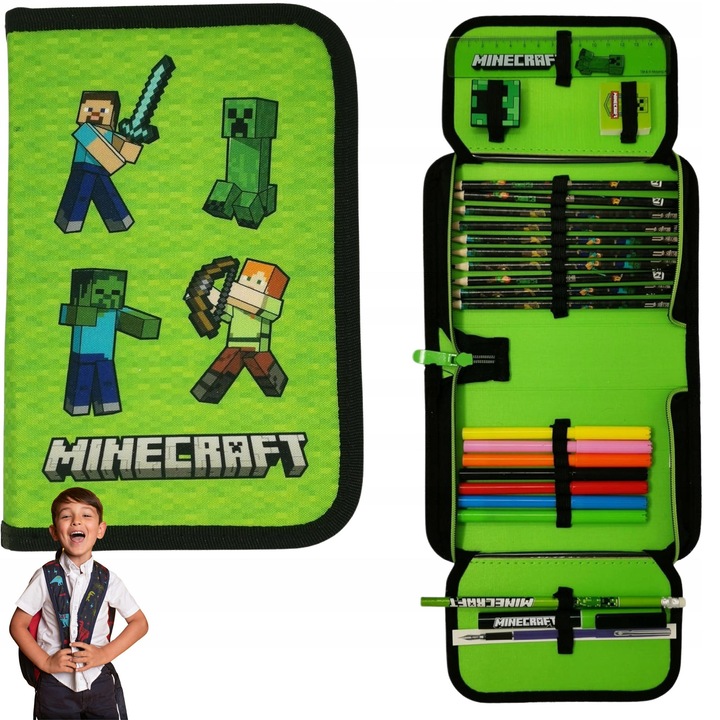 Minecraft iskolai tolltartó 20 kiegészítővel, Steve és Alex design, vízálló anyag, méretei 14x20x3cm