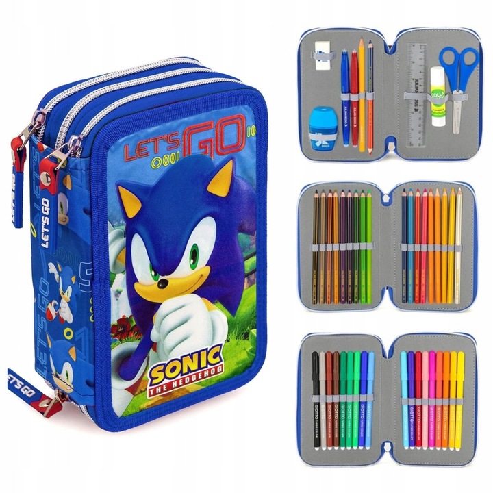 Háromrekeszes tolltartó, 100, komplett készlet 44 kiegészítővel, sokszínű, 20x12x7cm