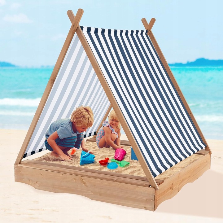 Cutie de nisip din lemn cu acoperis, 2 banci, 124x123x134cm, pentru copii, Costway