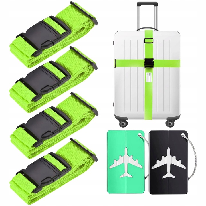 Set 4x curele de bagaj fluorescente cu 2 etichete, 120-200cm