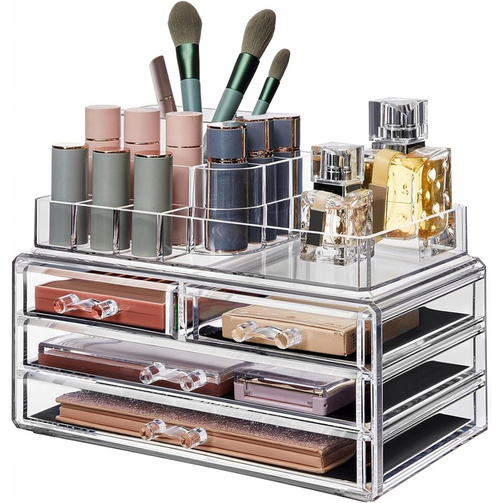 Organizator cosmetice, transparent, cu 4 sertare si 11 compartimente, 24x14x19cm