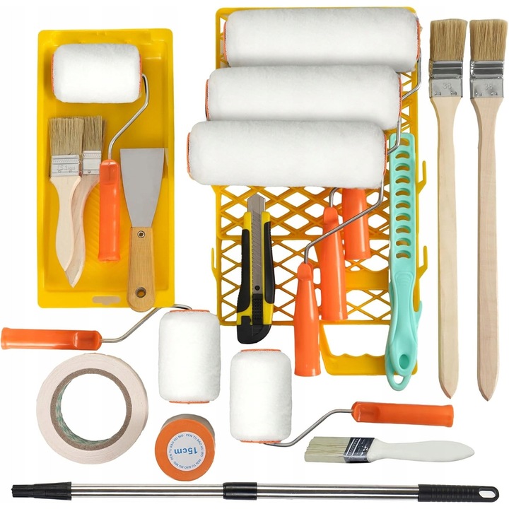 Set complet de unelte de vopsit, 5 role, folie de mascare, banda adeziva, detergent pentru pensule, multicolor