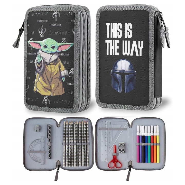 Baby Yoda tolltartó, iskolai felszerelés készlet, 2 rekeszes, többszínű, 30x10cm