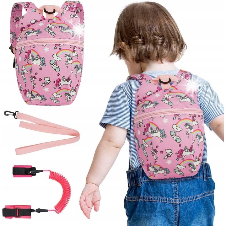 Gyerek hátizsák biztonsági zsinórral, unikornis mintával, rózsaszín, 20x26x10cm
