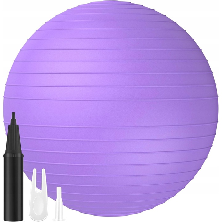 Minge fitness 65 cm, antiderapanta, violeta, cu pompa, pentru yoga si pilates