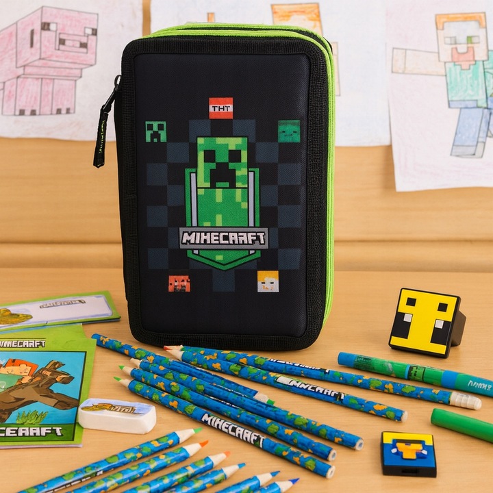 Piornik Minecraft, set cu articole de papetarie, negru AOP, dimensiuni mari