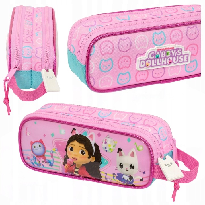 Kétszemélyes tolltartó gyerekeknek, Gabi macskaháza, 21x6x8cm, strapabíró anyag, két rekesz