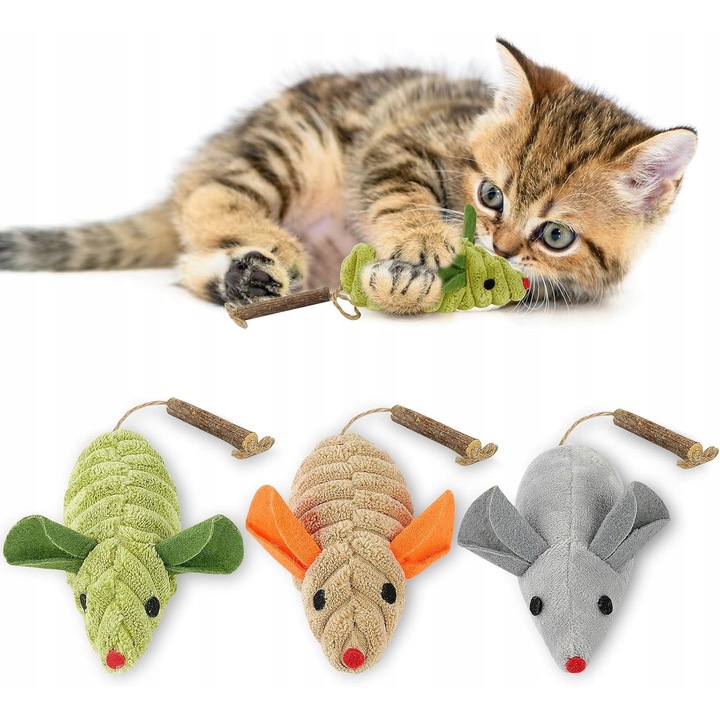 Set 3 jucarii pentru pisici, forme de soarece, gri, verde, bej