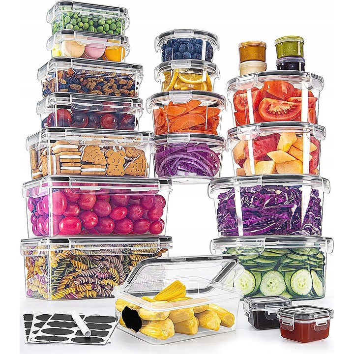 GoMaihe, 44 részes élelmiszertároló készlet, különböző méretek, 500 ml, 100% légmentesen záródó