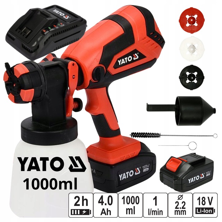 Пистолет за боядисване, Yato 18V, 1 л/мин, 1000 мл, с регулируема дюза