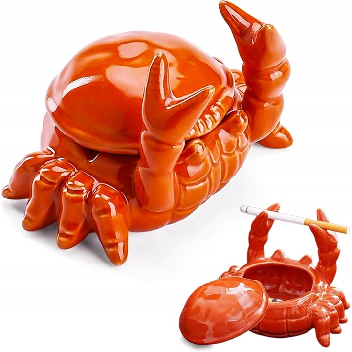 Scrumiera, din ceramica, cu capac, design in forma de crab, rosu