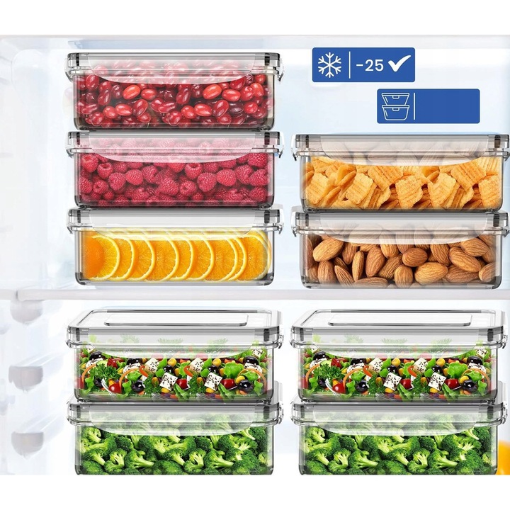 12 darabos készlet Élelmiszer tároló edények, 1600ml, 1000ml, 500ml, 250ml, BPA-mentes, Műanyag, Többszínű