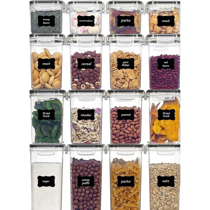 16 db-os élelmiszer-tároló készlet, műanyag, légmentesen záródó, fekete, 12,4x12,4x14,9cm