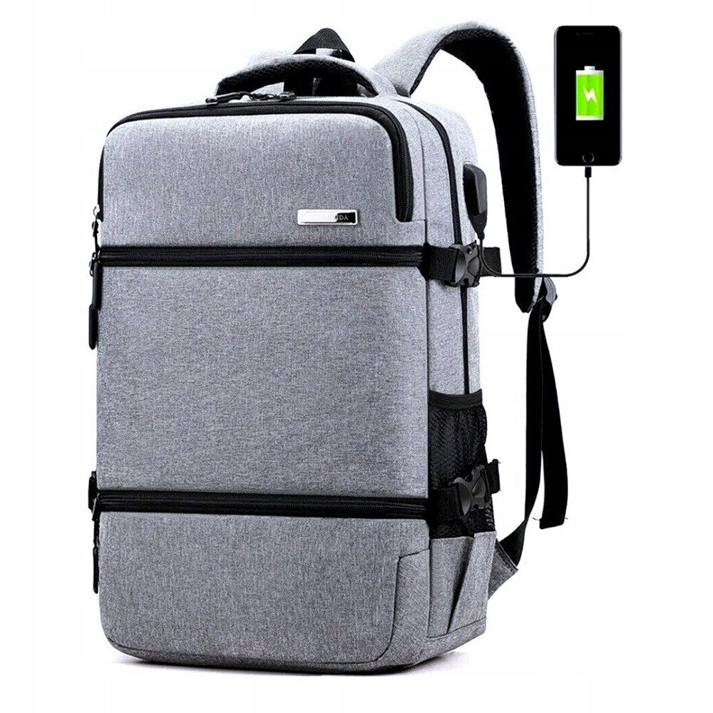 Rucsac laptop 17", gri, cu port USB, rezistent la intemperii, cu multiple compartimente