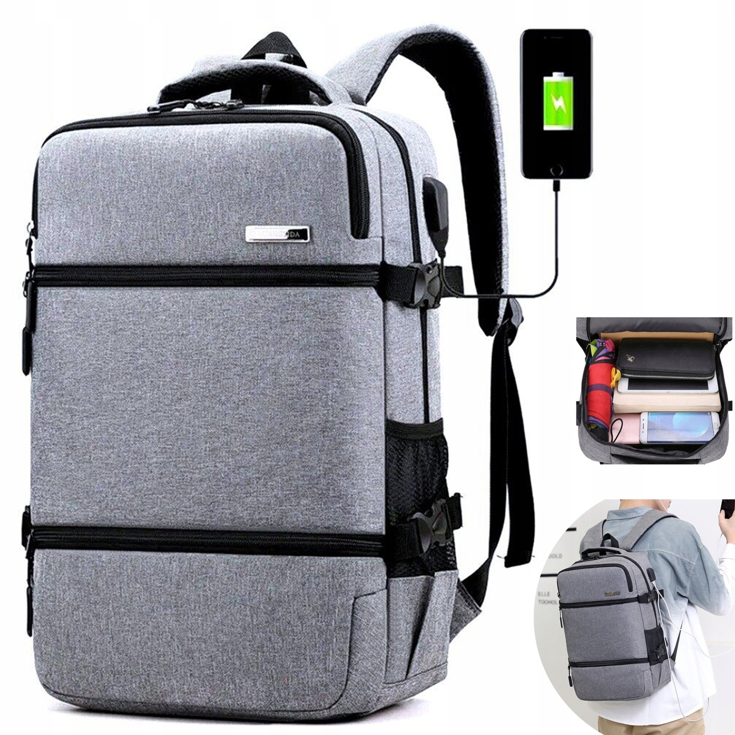 Rucsac laptop 17", gri, cu port USB, rezistent la intemperii, cu multiple compartimente