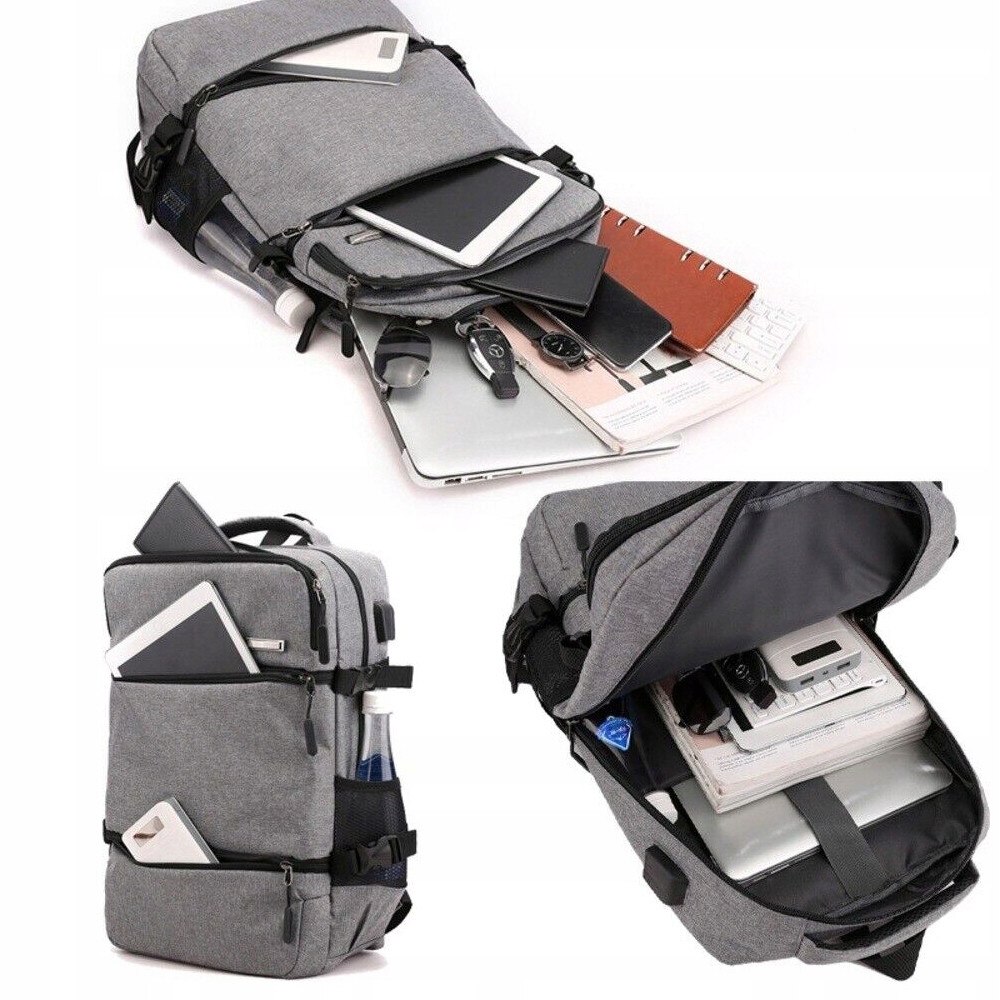 Rucsac laptop 17", gri, cu port USB, rezistent la intemperii, cu multiple compartimente