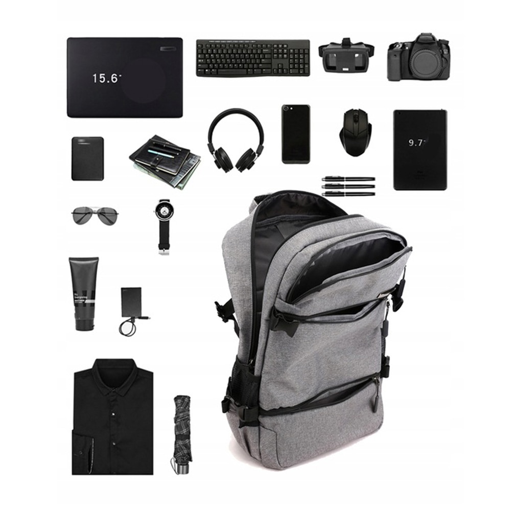 Rucsac laptop 17", gri, cu port USB, rezistent la intemperii, cu multiple compartimente