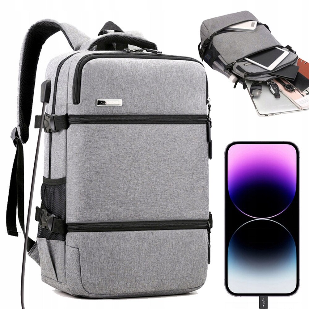 Rucsac laptop 17", gri, cu port USB, rezistent la intemperii, cu multiple compartimente