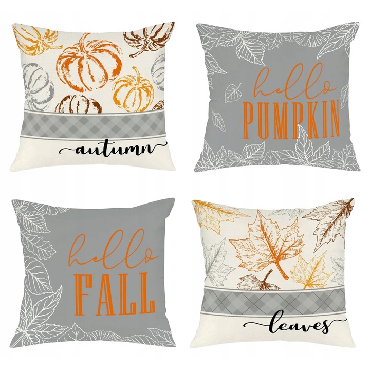Set 4 huse de perna decorative 50x50cm, motive de toamna, imprimeu "Hello Pumpkin"