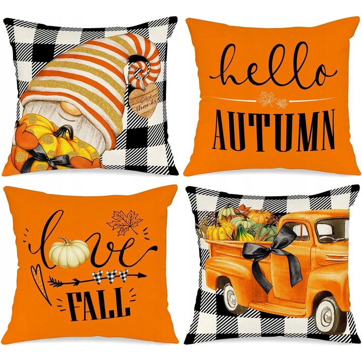 Set 4 poszewki decorative pe perne 45x45 cm, imprimeu dovleac si frunze de artar, bumbac natural