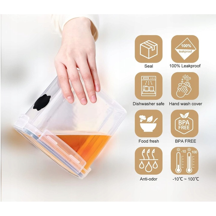 Set 10 cutii alimentare transparente cu accente roz si negre, 1.6L, etichete si masuri incluse